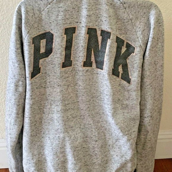 VS PINK Gold Dog Sparkle Logo 1/4 Zip Heather Grey Pullover Sweatshirt size M - Picture 1 of 12